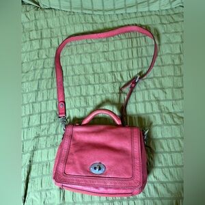 Fossil Leather Crossbody Satchel Coral Red Adjustable Strap Turn Lock Pocket
